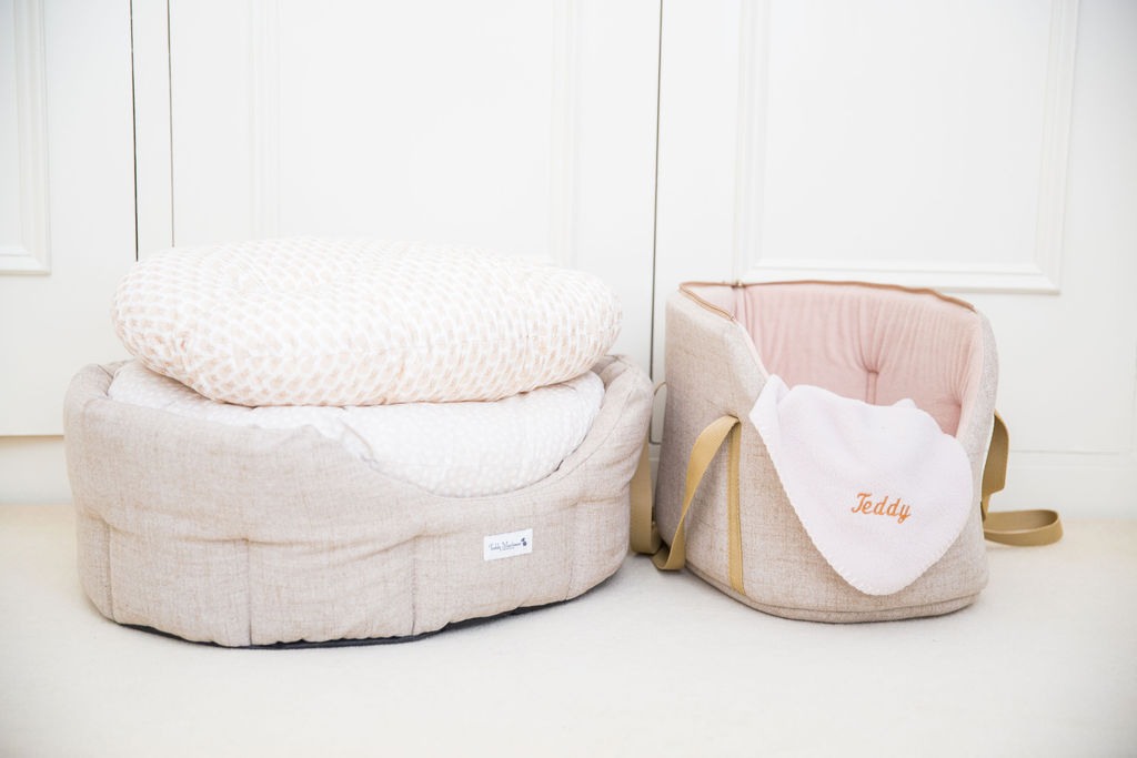 Chic neutral dog beds, carriers and accessories for stylish homes by Teddy Maximus