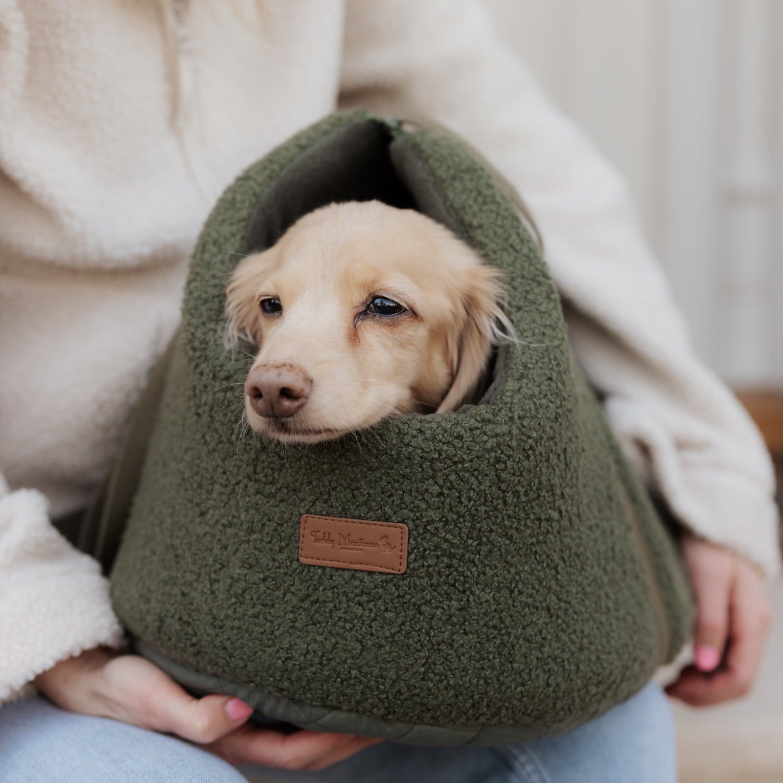 The Teddy Olive Matcha Bouclé Dog Carrier