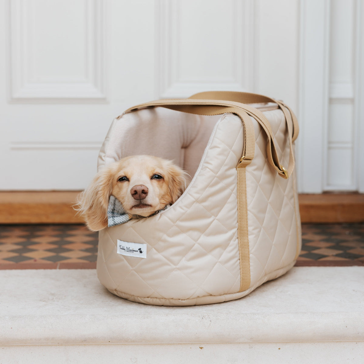 NEW! The Chelsea Champagne Quilted Dog Carrier