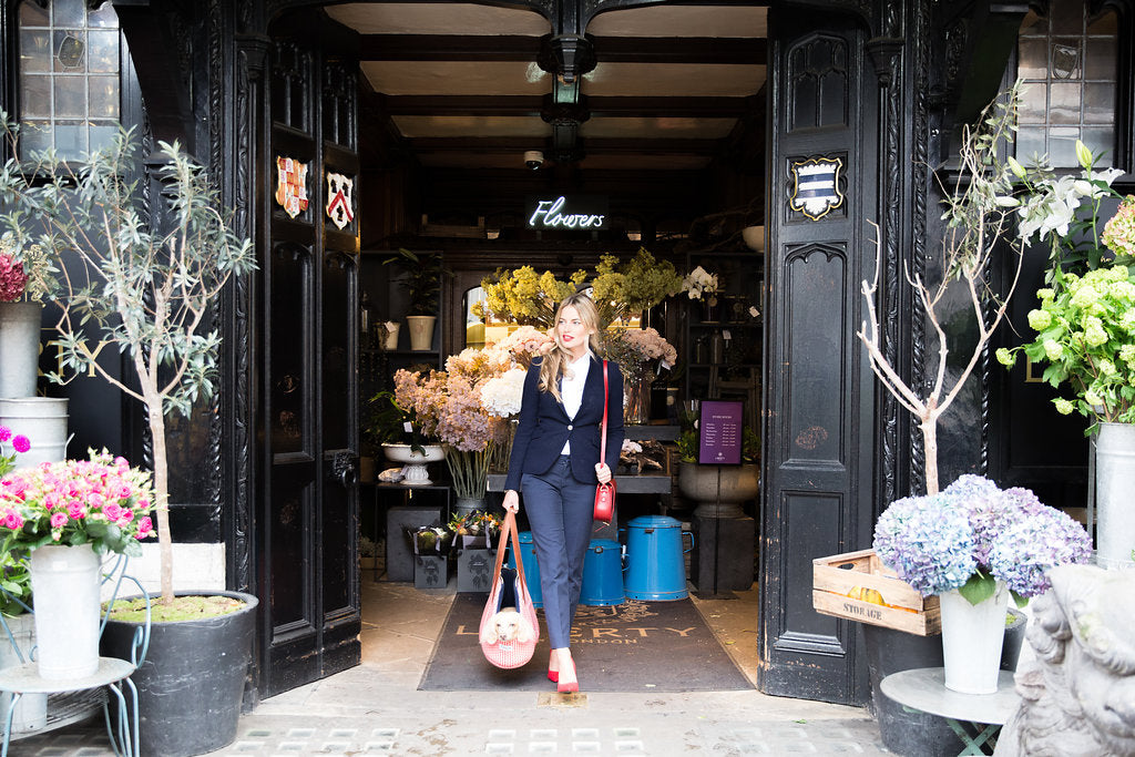 Model holds Teddy the Dachshund in his luxury dog carrier outside Liberty of London
