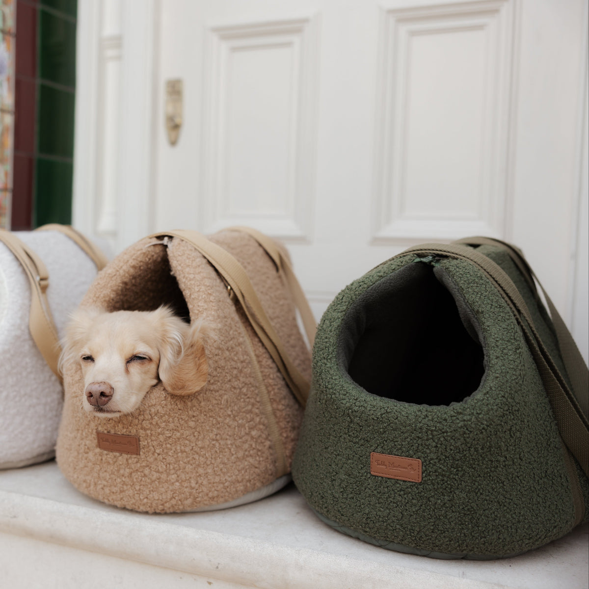 The Teddy Olive Matcha Bouclé Dog Carrier