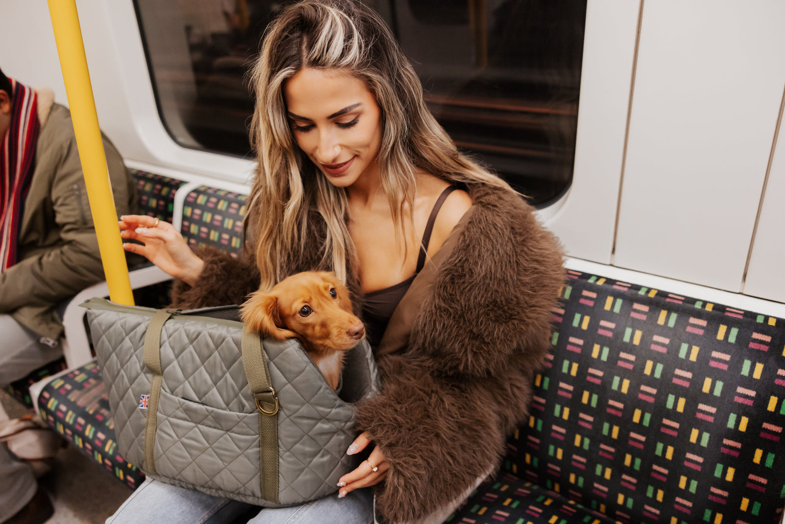 Woman holding a small dog in a Teddy Maximus carrier on a tube train.