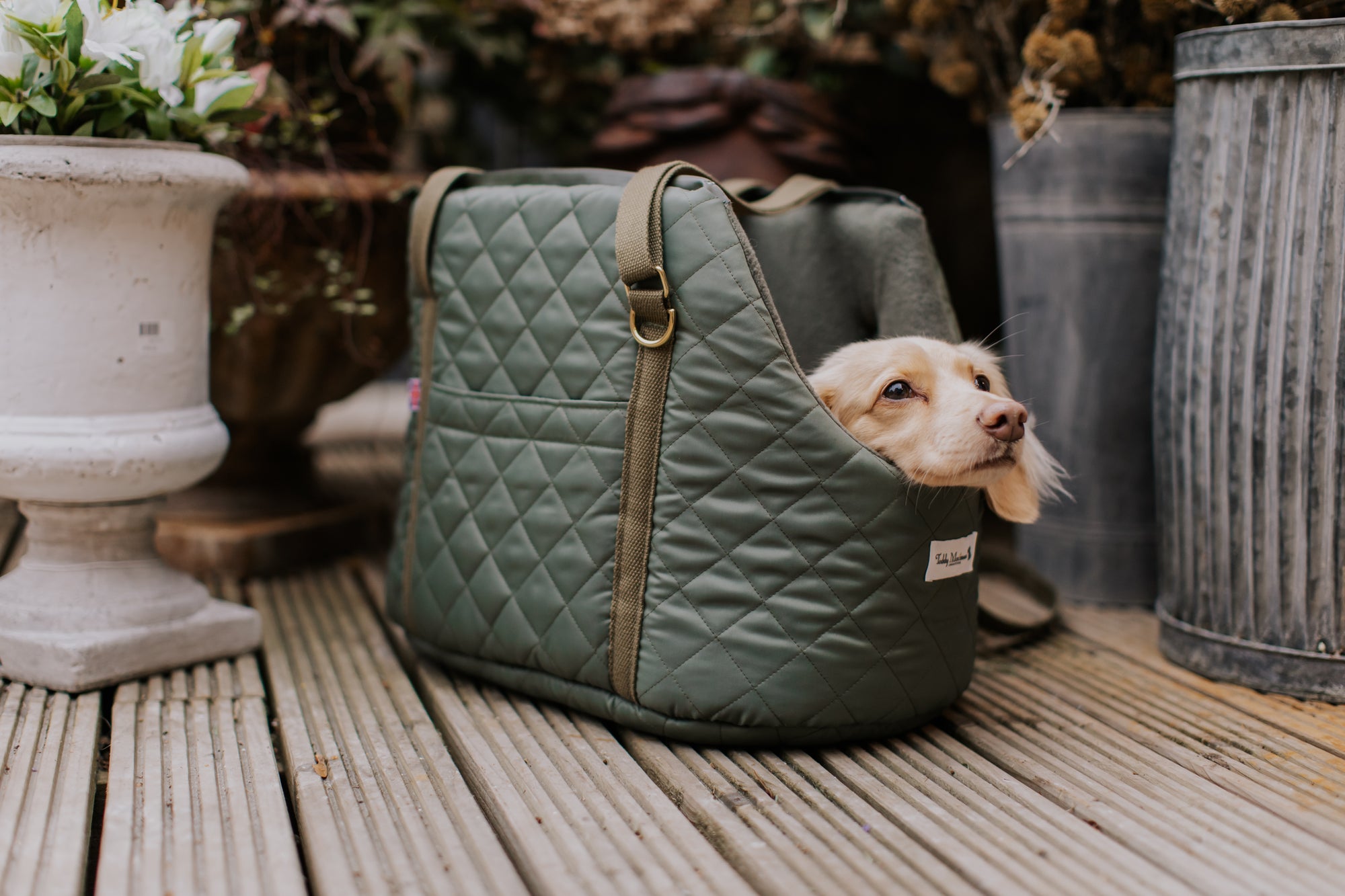 'The Explorer' Luxury Quilted Comfort Dog Carrier by Teddy Maximus featuring waterproof fabric & adjustable straps. Ideal for puppies and small dogs. 