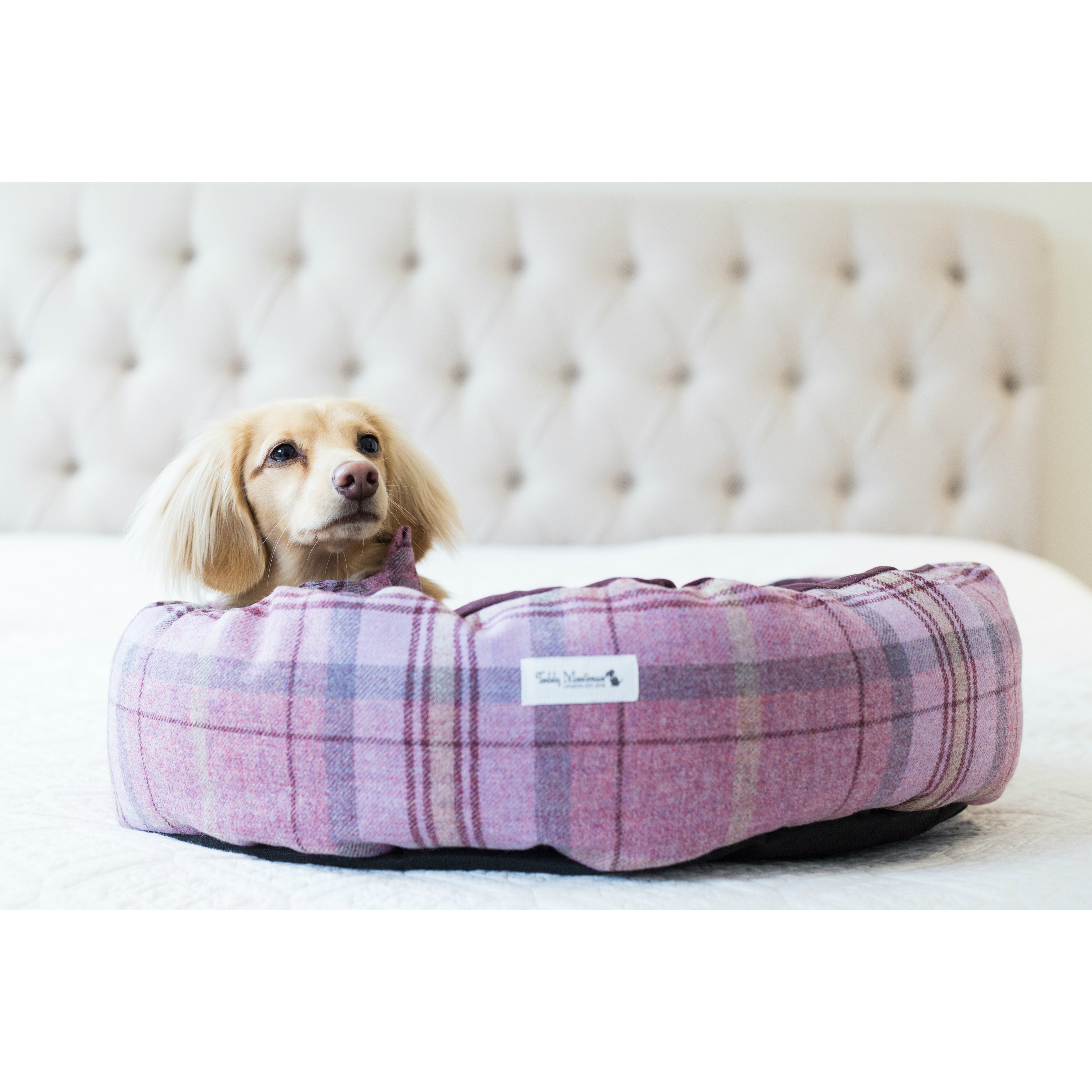 Purple Checked Dog Beds Luxury Round Dog Bed Pink Plaid/Tweed By